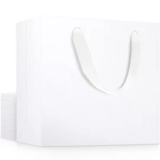 White Paper Bags, Small 20pcs 8.6" x3.9'' x7'' Kraft Handle Paper Boutique Gi...