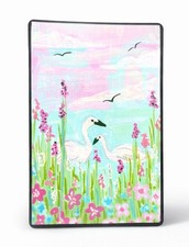 ACEO Peinture Originale Cygne Rose Floral Acrylique 2,5x3,5 Mini Carte Art