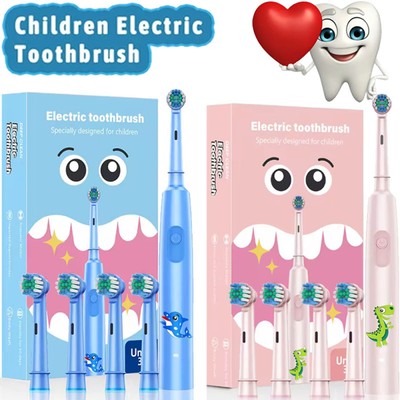 Rotating Electric Toothbrush for Kids, Rechargeable w/4 Heads 3 Modes, Timer USB