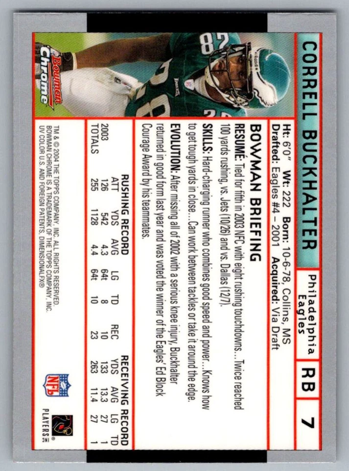 2004 Bowman Chrome Correll Buckhalter Philadelphia Eagles #7 - Image 2 of 2