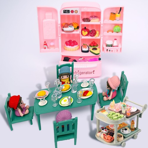 Dollhouse Mini Toy Fridge Green Table Dining with Mini Food Play Refrigerator - Picture 3 of 7