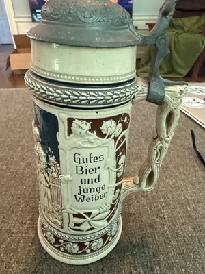 Antique German 3/4L Stoneware Beer Stein Pewter Lid Gutes Bier Und Junge Weiber