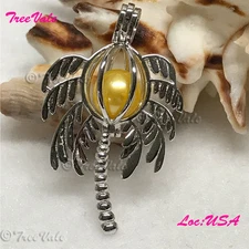 Palm Tree - Solid 925 Sterling Silver - Locket Pearl Cage Pendant - Hold 6mm-8mm