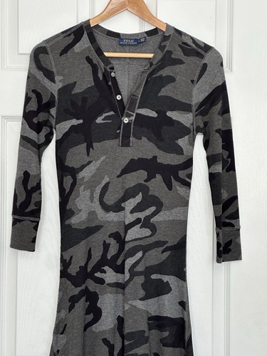 POLO RALPH LAUREN Black Gray Camo Henley Waffle Knit Maxi Dress Fit & Flare S - Picture 2 of 16