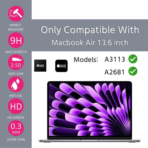 13.6" Tempered Glass Screen Protector for 2022-24 MacBook Air M3/M2 A3113/A2681 - Picture 2 of 8