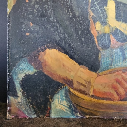 Altes antikes Gemälde Künstlertafel Portrait Frau schält Kartoffeln Babuschka - Bild 5 von 11