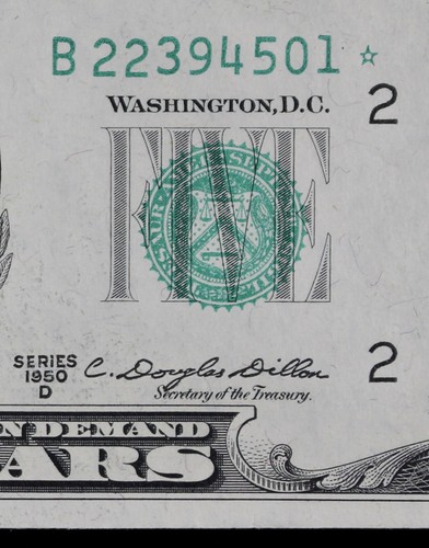 $5 1950D Star Gem CU Federal Reserve Note B22394501* series D, five $, New York