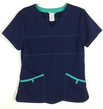 ScrubStar Scrub Top Size S Dark Blue Turquoise Trim 2 Pocket Nursing Medical