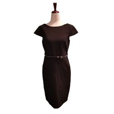 Black Belted Dress Size 6 Classic Short Sleeve Round Neck Business Party Wedding