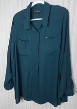 Lane Bryant Women TOP 26 28 Rich Dark Teal Blue Brass Stud Button Pockets Career