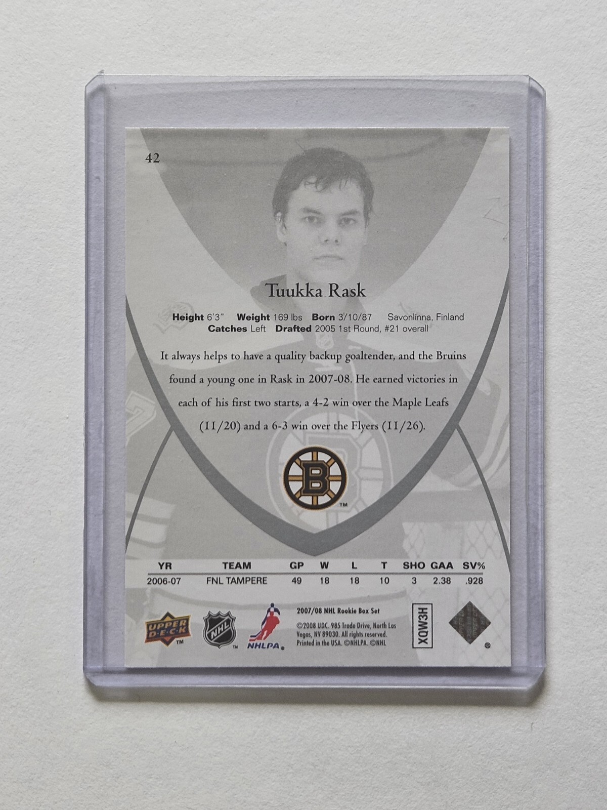 2007-08 Upper Deck Rookie Class Tuukka Rask Rookie Card #42 | eBay