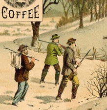 1890s Lion Coffee Mocha Java Rio Woolson Spice Co. Rabbit Hunters Guns Snow