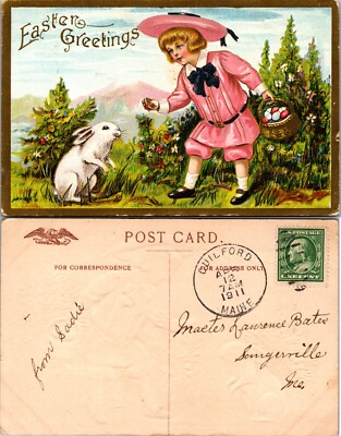 Easter Greetings Girl Rabbit Basket Postcard