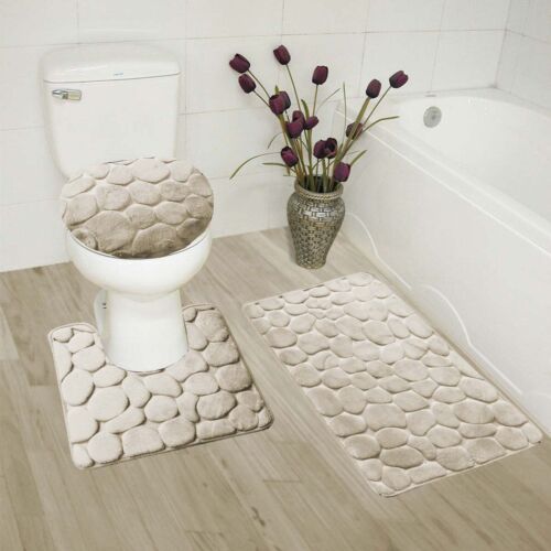 NEU 3-TEILIGES SET BADEMATTE TEPPICHE DECKELABDECKUNG SUPER WEICH MEMORY SCHAUMKISSEN KOMFORT ROCK - Bild 3 von 18