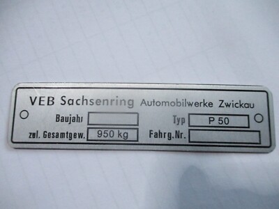 Nameplate ID plate sign IFA VEB Sachsenring Trabant P 50 p50 S83