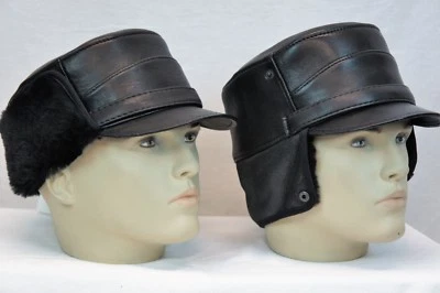Chapeau Militaire D'Hiver Pour Hommes En Cuir De Mouton Noir 100% En Laine S-3XL - Photo 1/4