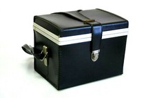 VINTAGE 1960S BLACK LEATHER CAMERA CASE WITH RED VELVET INTERIOR