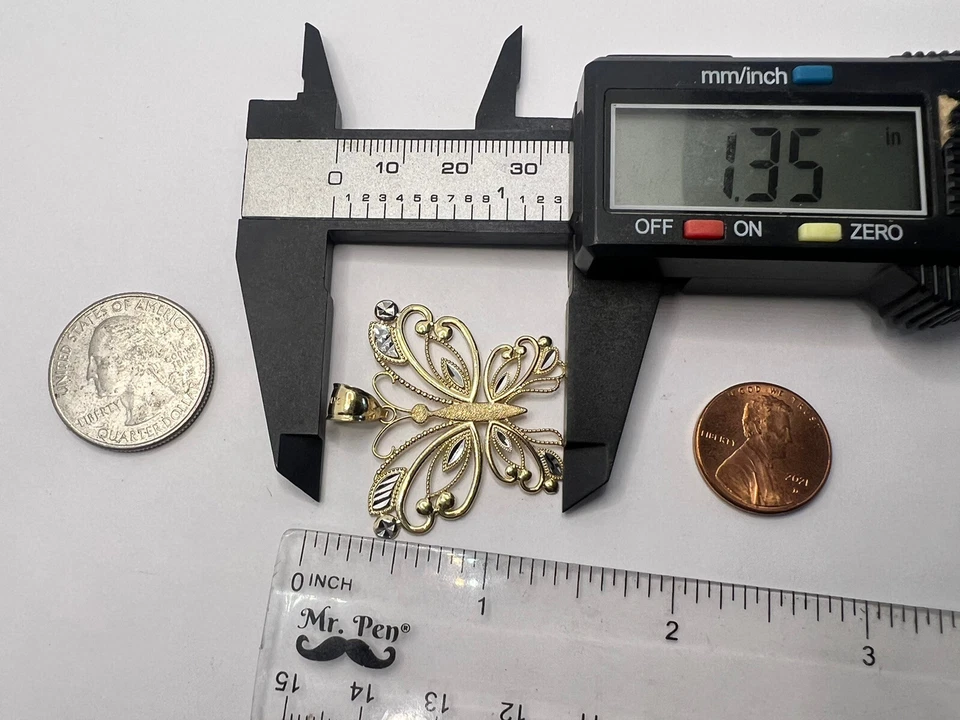 GoLD Mariposa Colgante 14k Sólido Collar Filigran Amarillo Blanco Regalo 1.35” Grande Foto 3 de 4