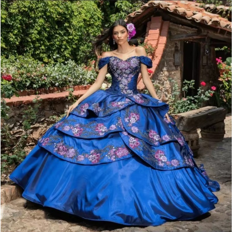 Azul Real Charro Quinceañera Vestidos Vestido de Baile Fuera del Hombro Apliques Cuentas