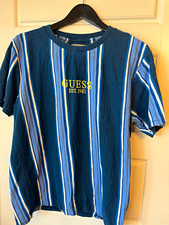 GUESS Originals Men's Blue Striped Crew Neck Embroidered Logo T-Shirt M