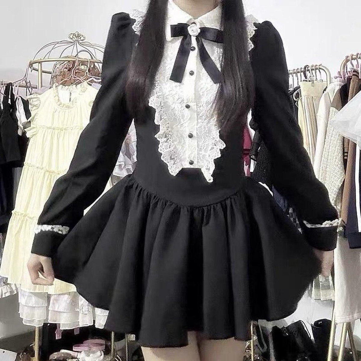 Black and White Maid Dress with Lace Trim and Bow Accent | eBay