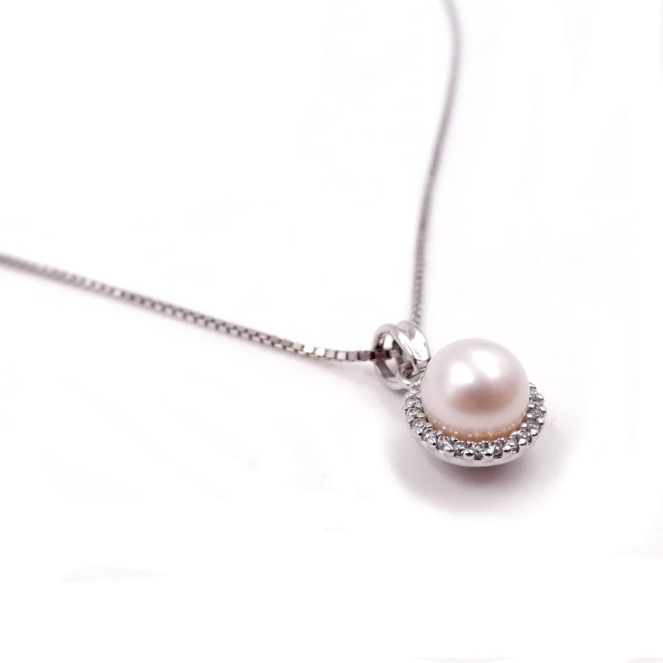 Collana Donna Argento 925 con Perla Naturale e Zirconi Girocollo Elegante Regalo - Immagine 4 di 4