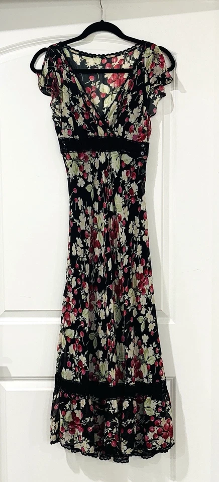 Vestido Express Vintage Mujer Pequeño Seda Años 90 Y2K Floral Cereza Maxi (Etiqueta 3/4) Foto 2 de 4