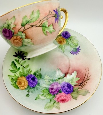 Vintage Hand Painted Signed Mums Mixed Florals Cup & Saucer; Teacup Signed