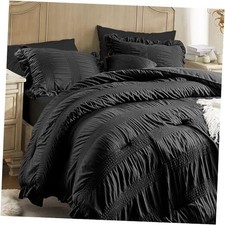 Comforter Set Seersucker 7 Pieces Luxury Ruffle Bed in a Bag Size King Black