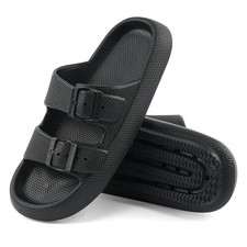 Women Men Dual Buckle EVA Slippers Non-Slip Slide Beach Outdoor Black Sandals