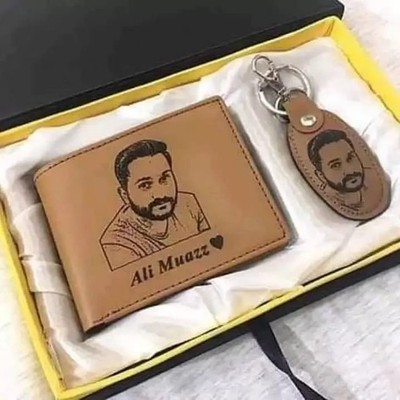 Personalized Leather Wallet & Keychain Gift Set with Custom Photo & Name Engravi