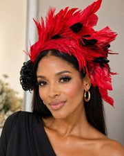 Red Feather Fascinator Headband | Wedding Hat, Ascot, Church, Hair Accessory