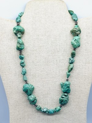 Vtg Native American Natural Green Turquoise Nugget Beads Necklace 20  - 95g