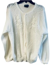 Coco-Loco White  Cardigan Sweater Open Knit Floral Appliqué Pearl Buttons Sz 42