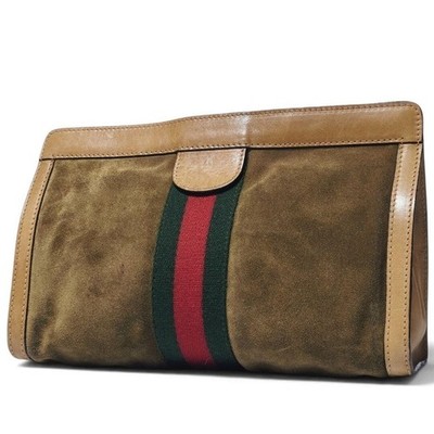 Gucci GG Suede Clutch Bag Sherry Line Brown Vintage Unisex Large 27cm