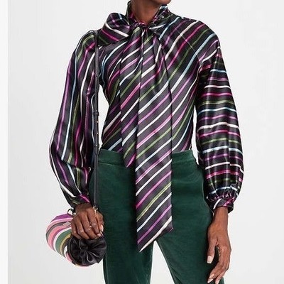 Kate Spade New York Sz S Party Stripe Tie-neck Shirt Black Multi Satin Blouse S