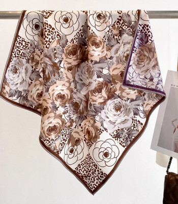 75% Cashmere 25% Silk Shawl 26'' Brown flower Print Bandana Scarf Neckerchief