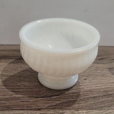 White Milk Glass Round Pedestal Small Bowl with Swirl Pattern, Glossy Finish