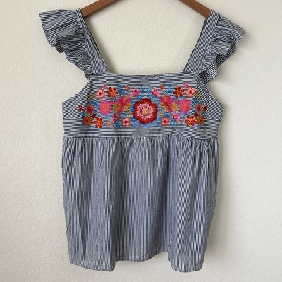 Savanna Jane Top Womens Medium Striped Floral Embroidered Ruffle Summer Tank M