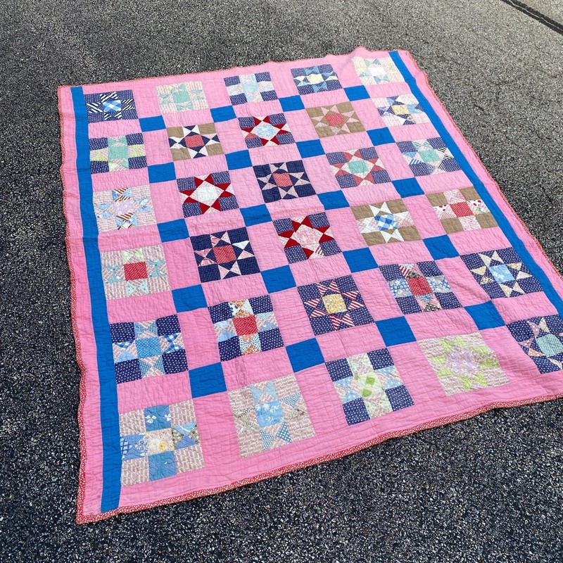 Vintage Handmade Patchwork Star Quilt Pink Blue Cotton Bedspread 78x68
