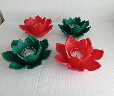 Floating Lotus Flower Candle Holder Swimming Pool Pond Decor Red Green Set of 4