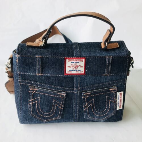 TRUE RELIGION dunkel BLAU Jeans TASCHE CROSSBODY Gitarrengurt Klappe DENIM Tasche Neu mit Etikett - Bild 4 von 10