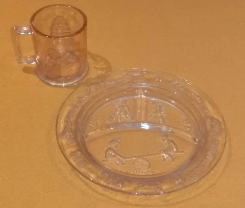 Vintage Tiara Humpty Dumpty Tom Pipers Son Nursery Rhyme Pink Glass Mug & Plate