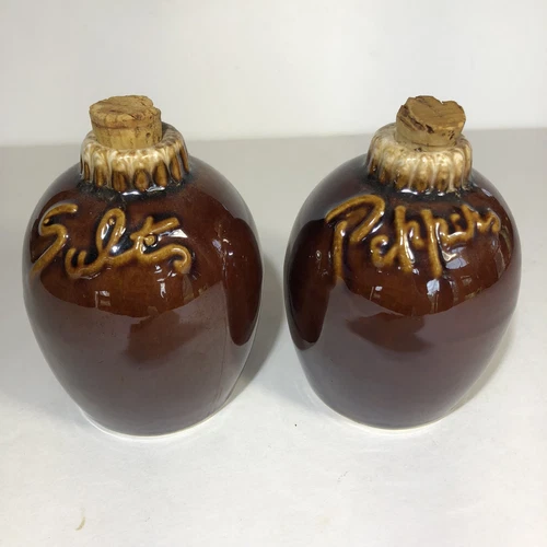 Vintage Hull Pottery Salt & Pepper Shakers Brown Drip Glaze 4" Oven Proof USA