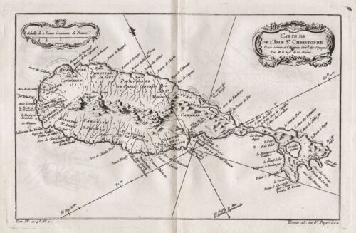 Saint Kitts Caribbean Caraibi Island Mappa Incisione Engraving Bellin 1750 - Afbeelding 1 van 1