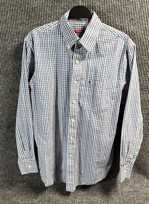 Vintage IZOD Shirt Mens Medium Plaid Blue Button Down Long Sleeve Cotton