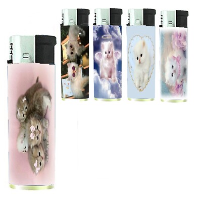 Kitten Lighters Set of 5 Electronic Refillable Butane Pink Girly Heart Angel