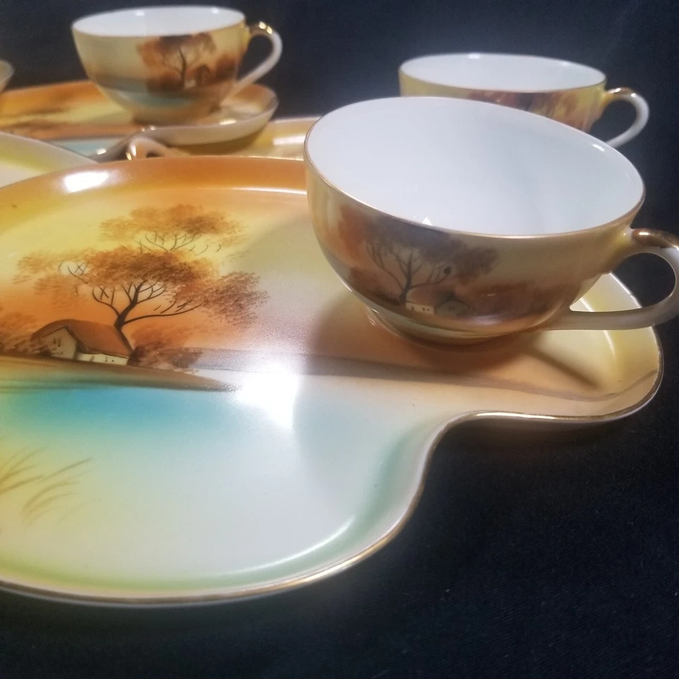 Snack Trays & Cups Noritake Tree in the Meadow Hand Painted Japan Set of 6 & 4 - Image 3 of 4