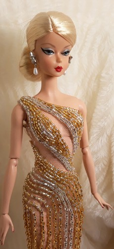 Evening Gown Dress Outfit Fits Silkstone Barbie FR Doll Handmade Gold Silver Bea - Picture 6 of 10