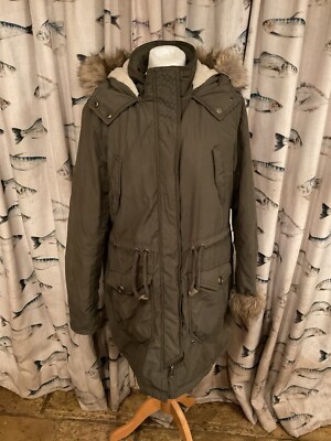 ESPRIT Women's khaki green lined Faux Fur Hood Parka Coat Jacket UK 14